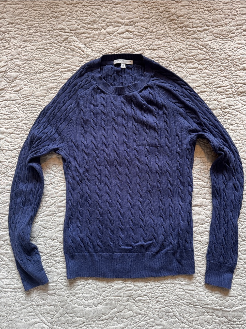 Fairway & Greene Navy Cable-Knit Crew Sweater with Pocket